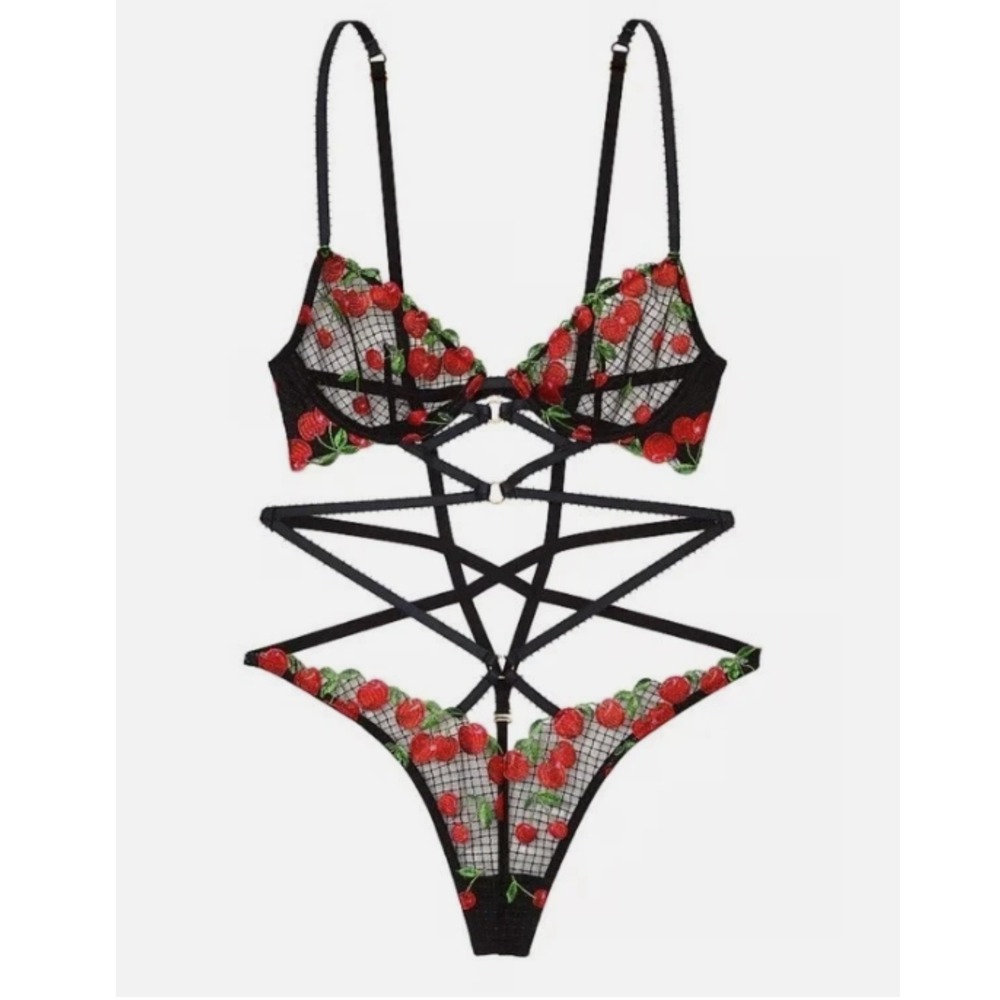 Victoria's Secret Very Sexy Cherry Embroidery Unlined Low-Cut Black Teddy XL NWT